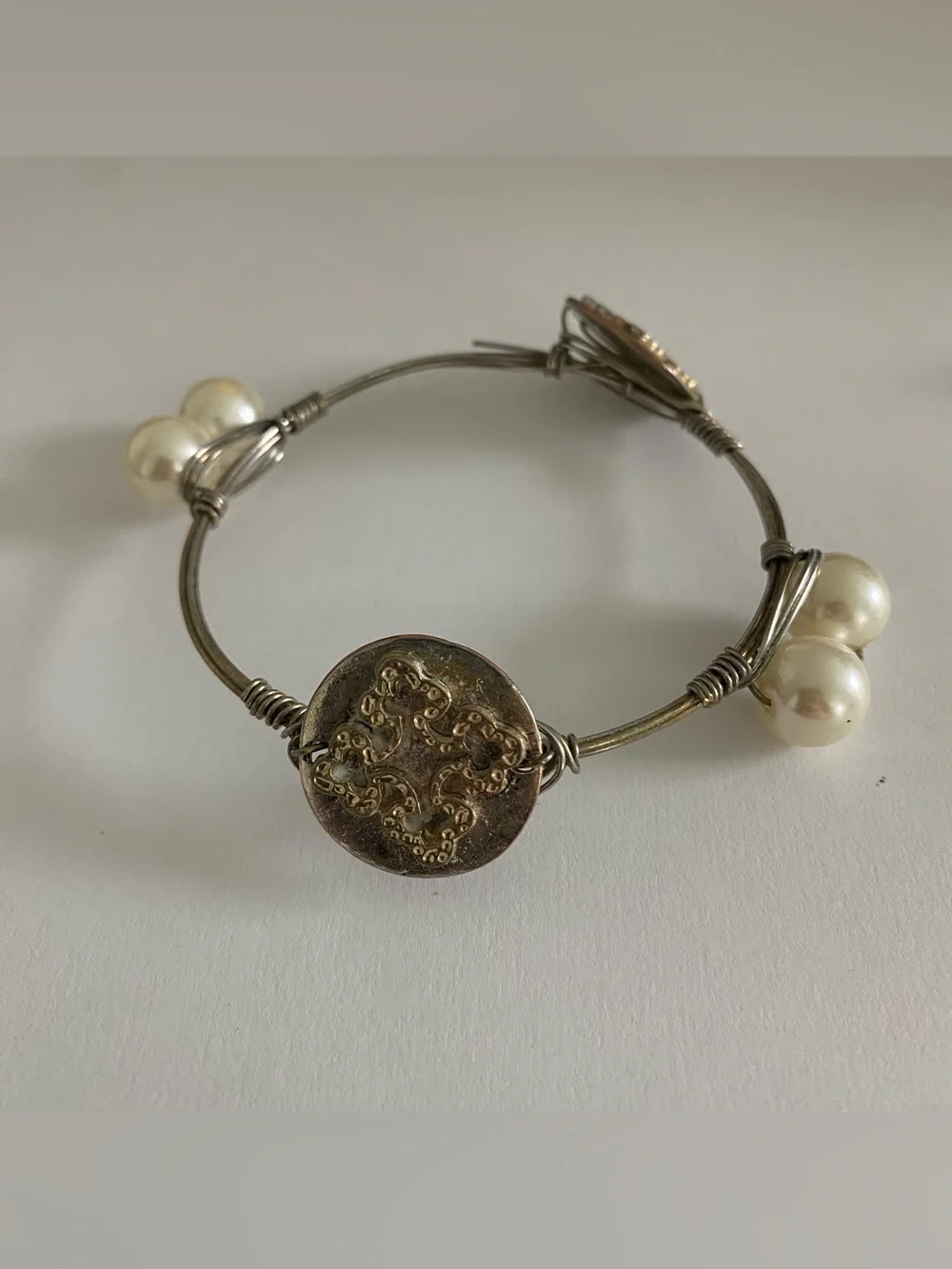 Pearl Accent Wire Bangle Bracelet - Silver and Gold Tones